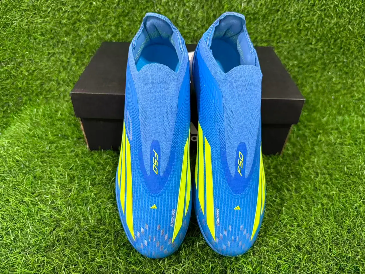 Adidas Blue Yellow Sock-Fit Collar Textured Synthetic Upper Artificial-Grass Soccer Shoes 14