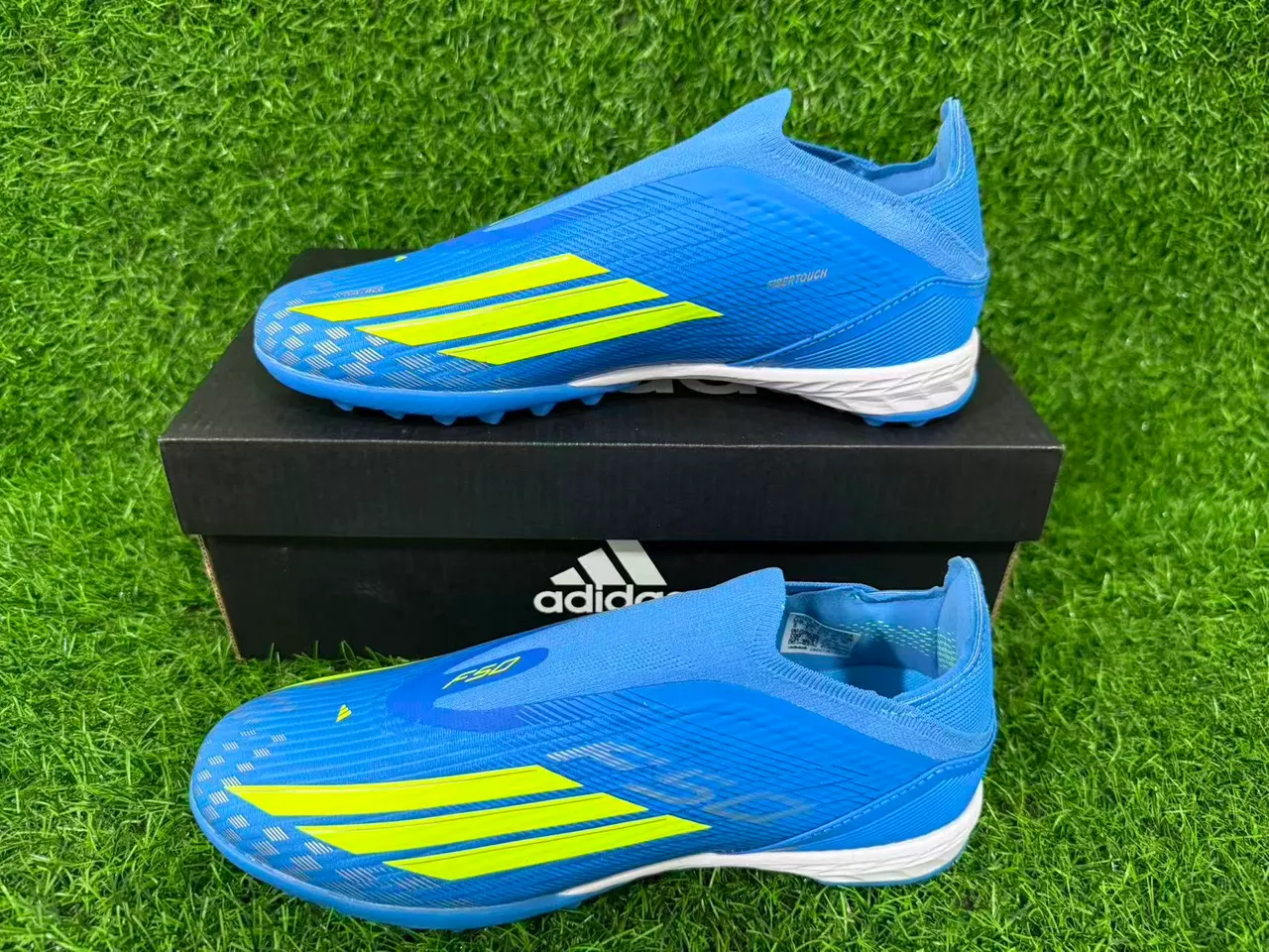 Adidas Blue Yellow Sock-Fit Collar Textured Synthetic Upper Artificial-Grass Soccer Shoes 15