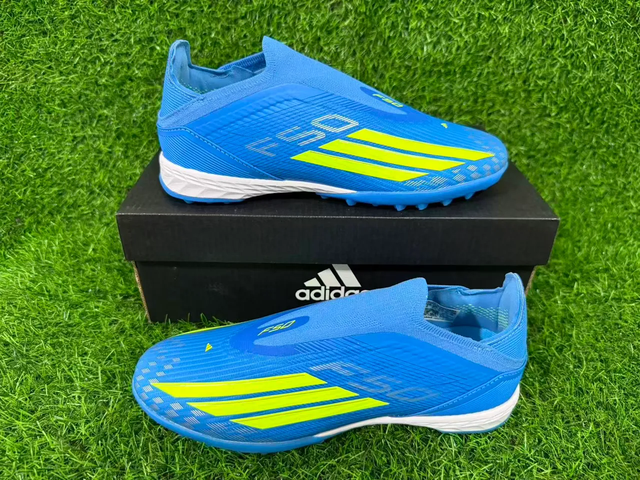 Adidas Blue Yellow Sock-Fit Collar Textured Synthetic Upper Artificial-Grass Soccer Shoes 16