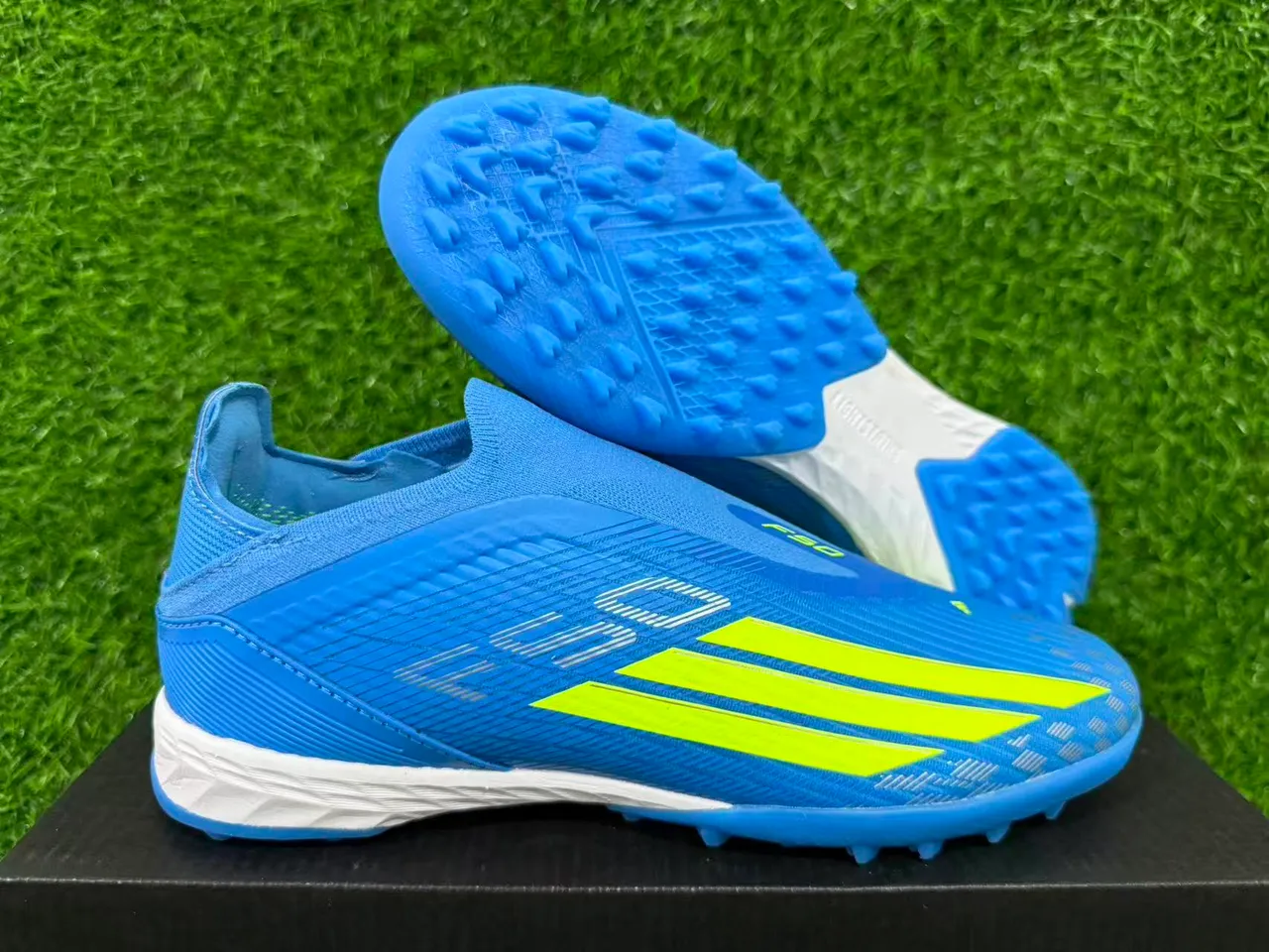Adidas Blue Yellow Sock-Fit Collar Textured Synthetic Upper Artificial-Grass Soccer Shoes 13
