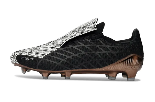 Adidas F50 Negro Marrón Botín de corte bajo Parte superior Textura de malla geométrica Suelo firme Zapatos de fútbol 7