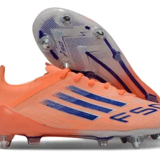Adidas F50 Zapatillas de fútbol naranja azul upper sintético corte bajo gráfico de tres rayas para terreno firme