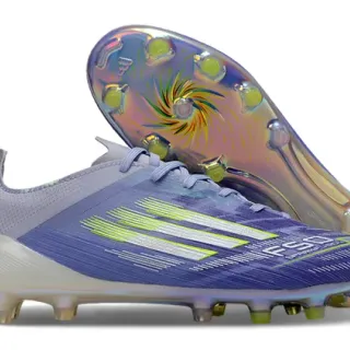 Adidas F50 紫绿色闪光鞋面 霓虹酸橙色点缀 硬地足球鞋