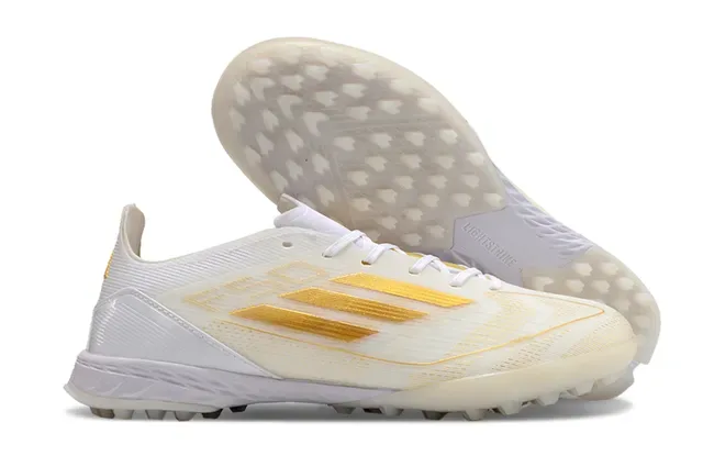 Adidas F50 White Gold Tênis de futebol turf sintético leve com detalhes de listras 4