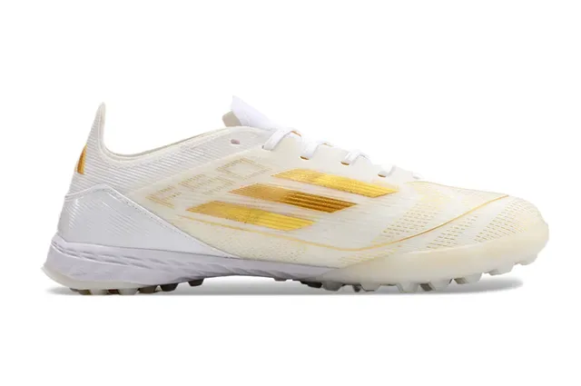 Adidas F50 White Gold Tênis de futebol turf sintético leve com detalhes de listras 7