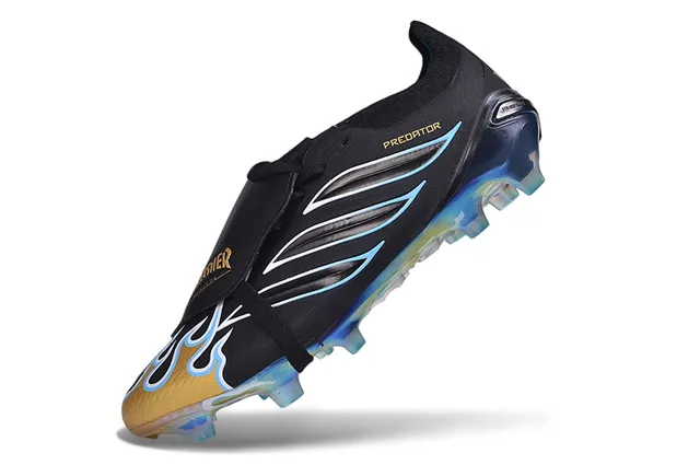 Adidas Predator Black Gold sans lacets fermeture à sangle accentué par les flammes trois bandes terrain ferme chaussures de football 3