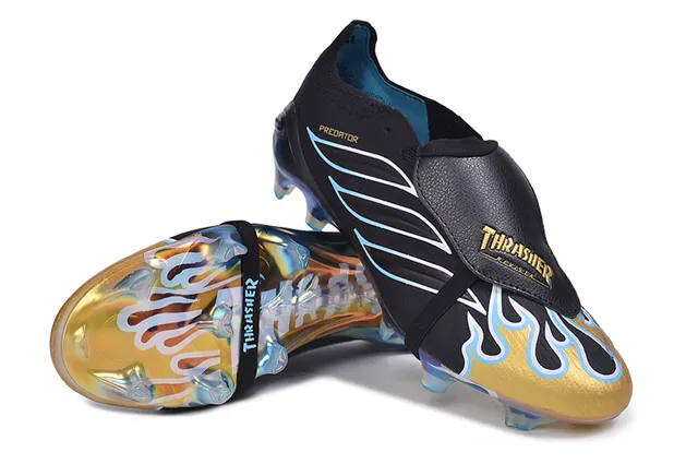 Adidas Predator Black Gold sans lacets fermeture à sangle accentué par les flammes trois bandes terrain ferme chaussures de football 4