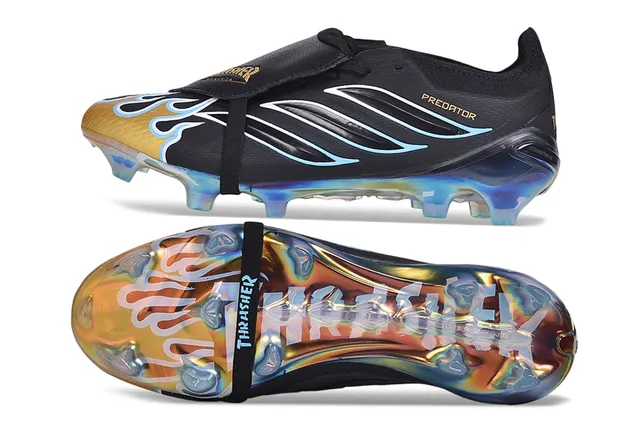 Adidas Predator Black Gold sans lacets fermeture à sangle accentué par les flammes trois bandes terrain ferme chaussures de football 6