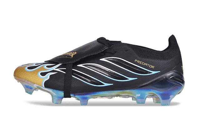 Adidas Predator Black Gold sans lacets fermeture à sangle accentué par les flammes trois bandes terrain ferme chaussures de football 7