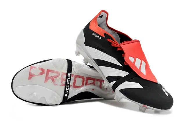 Adidas Predator 黑橙色 不对称系带覆盖 三条纹侧面板 钉地足球鞋 4