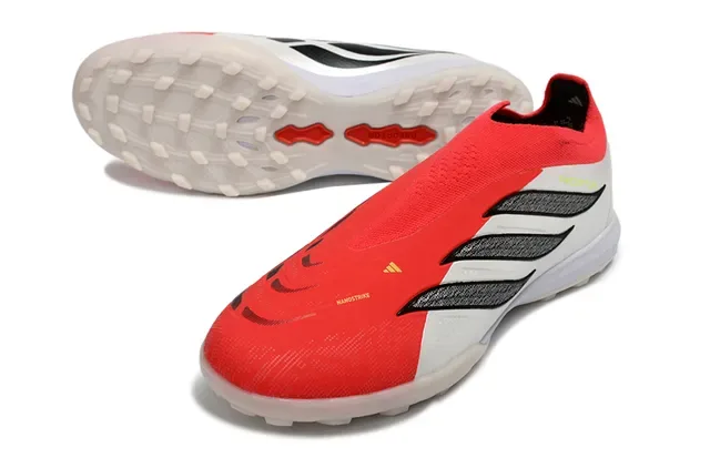 أحذية كرة القدم Adidas Predator أحمر أبيض بدون لاسيه ساك فت أبير تكستشرد सिलفر ثلاث شريط أوفرليه تيرف 14