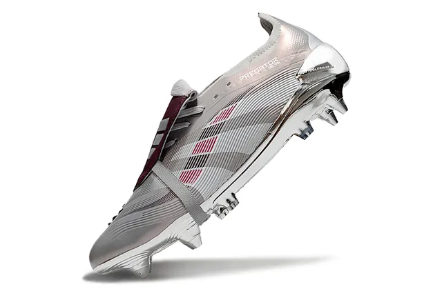 Adidas Predator Argenté Bordeaux Métallique Chrome Haut Sans Lacets Fermeture de Sangle Sol Firme Chaussures de Football 3
