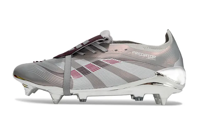 Adidas Predator Argenté Bordeaux Métallique Chrome Haut Sans Lacets Fermeture de Sangle Sol Firme Chaussures de Football 7