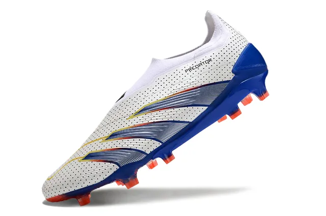 Adidas Predator White Blue Perforated Upper Striped Overlays Firm-Ground Soccer Shoes 3