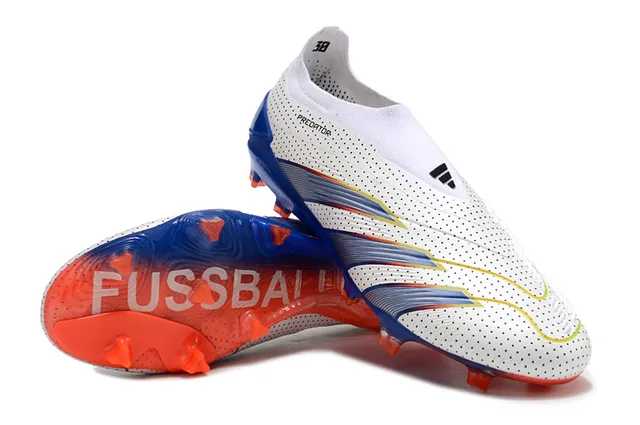 Adidas Predator White Blue Perforated Upper Striped Overlays Firm-Ground Soccer Shoes 4