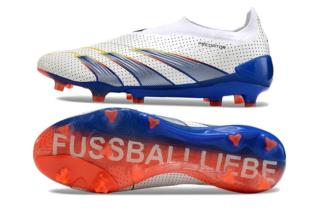 Adidas Predator White Blue Perforated Upper Striped Overlays Firm-Ground Soccer Shoes 6