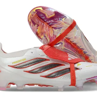 Adidas Predator Blanc Rouge Sans lacets Fermeture à sangle Contrefiche iridescent du talon Surface ferme Chaussures de football