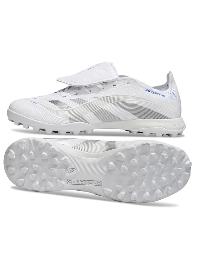 Adidas Predator Blanco Plata Sin cordones cierre de correas parte superior sintética texturizada zapatos de fútbol para césped artificial 6