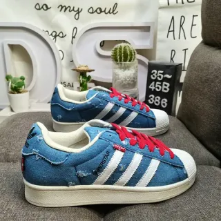 Adidas Superstar الدنيم المضروب أزرق أبيض أحمر أحذية رياضية للأسلوب