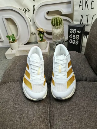Adidas White and Gold Three-Stripe Running Shoes 9