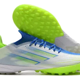 Adidas White Blue Low-Profile Synthetic Upper Diagonal Stripe Graphic Artificial-Grass Soccer Shoes