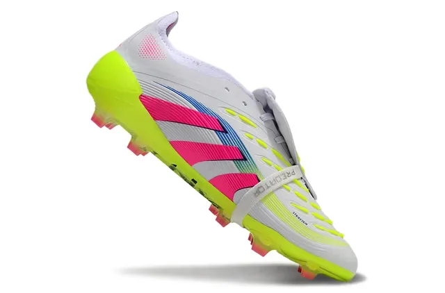 Adidas Sapatos de Futebol Brancos e Rosa Sem Cadarço Fecho de Correia Sola Translucida Amarelo Néon Solo Firme 2