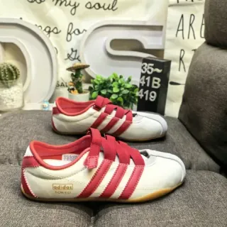 Adidas أبيض أحمر بدون إزميل إغلاق بالحزام ثلاث شرائط أحذية رياضية نمط حياة
