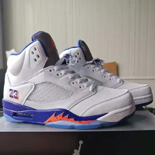 Tênis de basquete Air Jordan 5 branco azul royal laranja