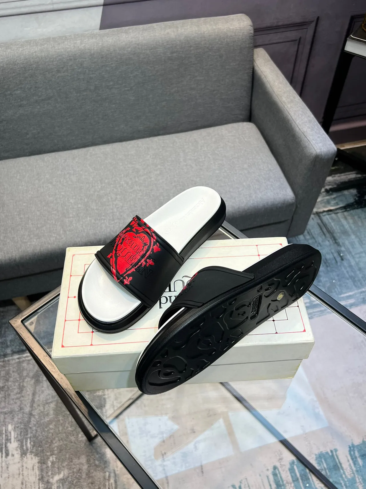 Alexander McQueen Black Red Bold Logo Strap Molded Rubber Sole Slippers 4
