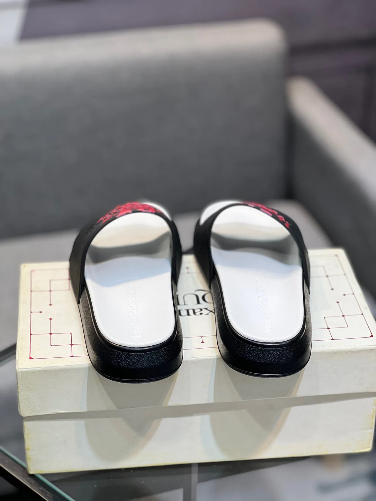 Alexander McQueen Black Red Bold Logo Strap Molded Rubber Sole Slippers 8