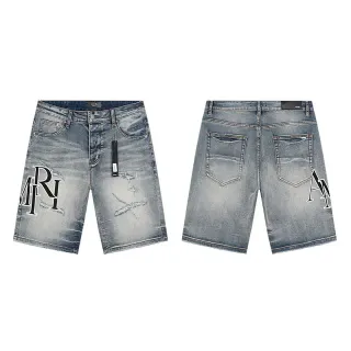 Amiri Blue White Distressed Light-Wash Denim Large Embroidered Monogram Shorts