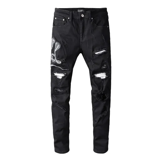 Amiri Snake Motif Distressed Slim-Fit Black Jeans 13