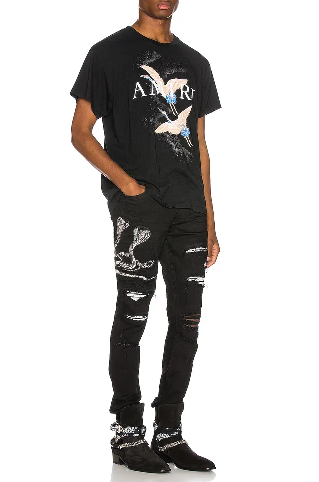 Amiri Snake Motif Distressed Slim-Fit Black Jeans 15