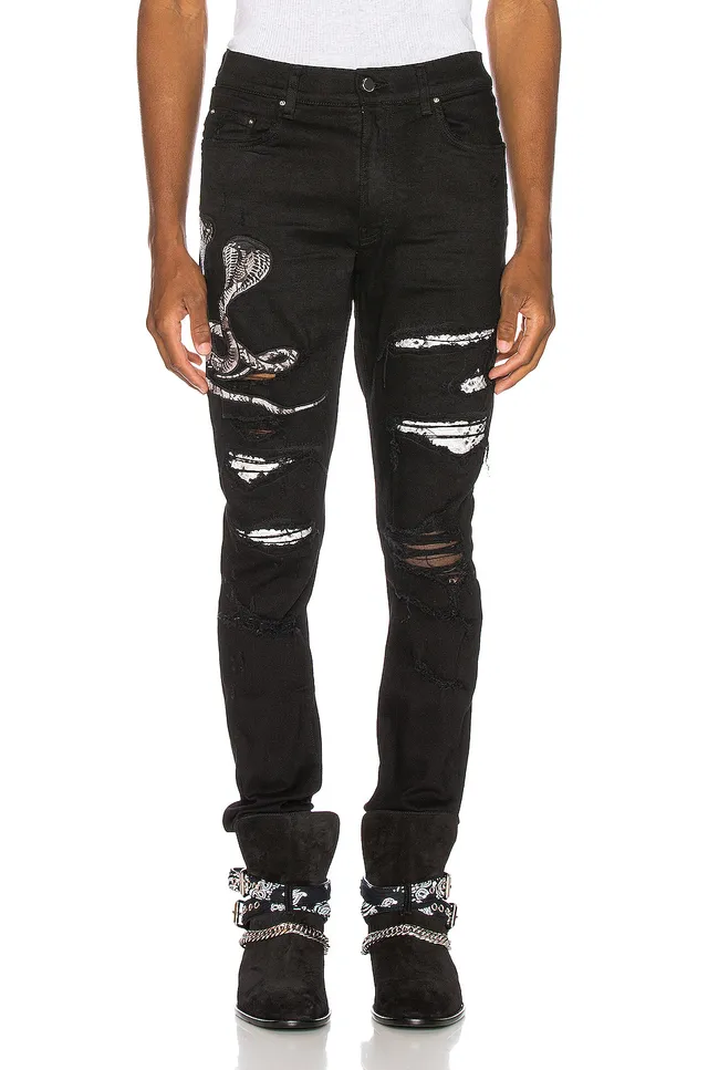Amiri Snake Motif Distressed Slim-Fit Black Jeans 18