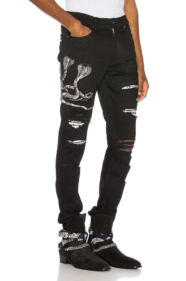 Amiri Snake Motif Distressed Slim-Fit Black Jeans 19