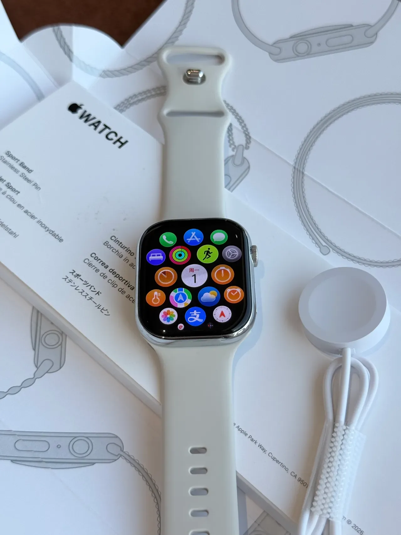 Apple Beige Silver Flat-Edged Stainless Steel Case Off-White Silicone Band Sports Watch 8