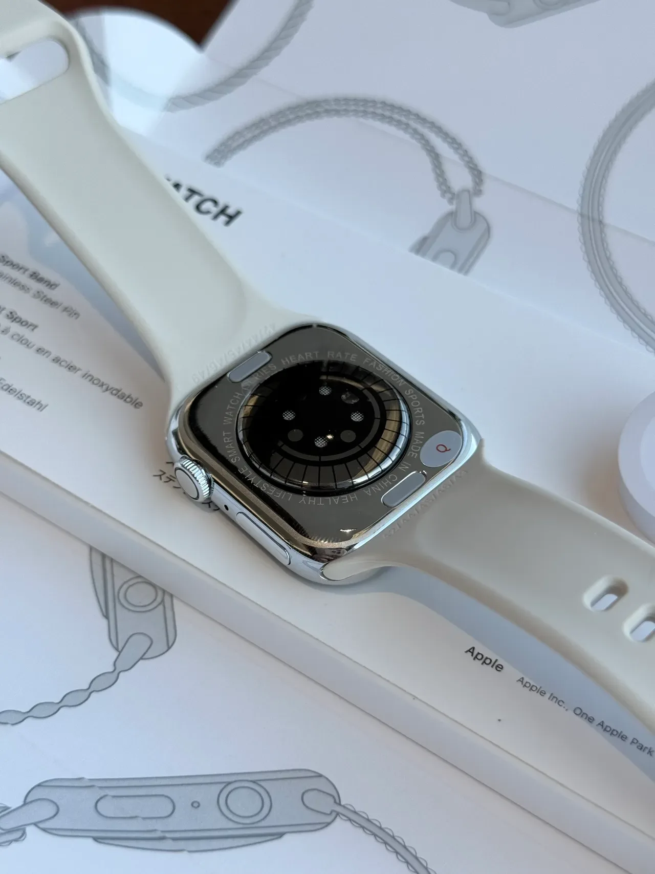 Apple Beige Silver Flat-Edged Stainless Steel Case Off-White Silicone Band Sports Watch 10