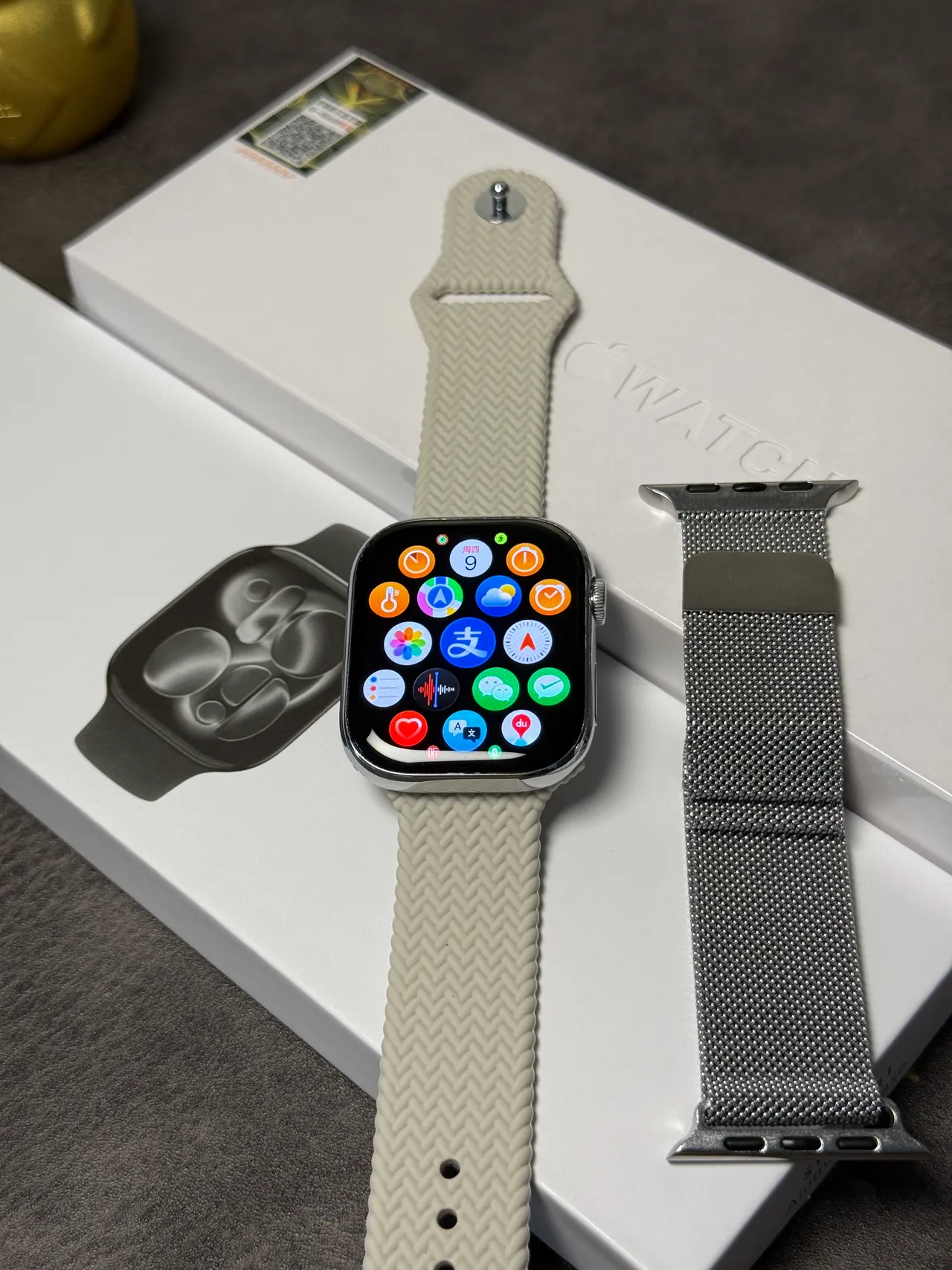 Apple Watch Beige Azul Funda Rectangular Corona Digital Control Reloj Deportivo 5