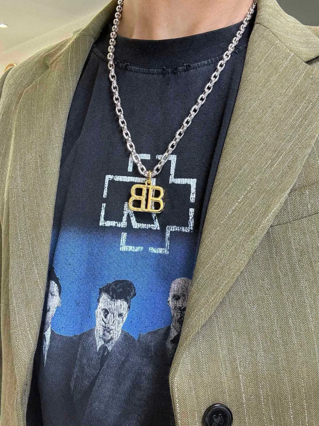 Balenciaga BB 银色/金色 粗链条 单字母吊坠 项链 6