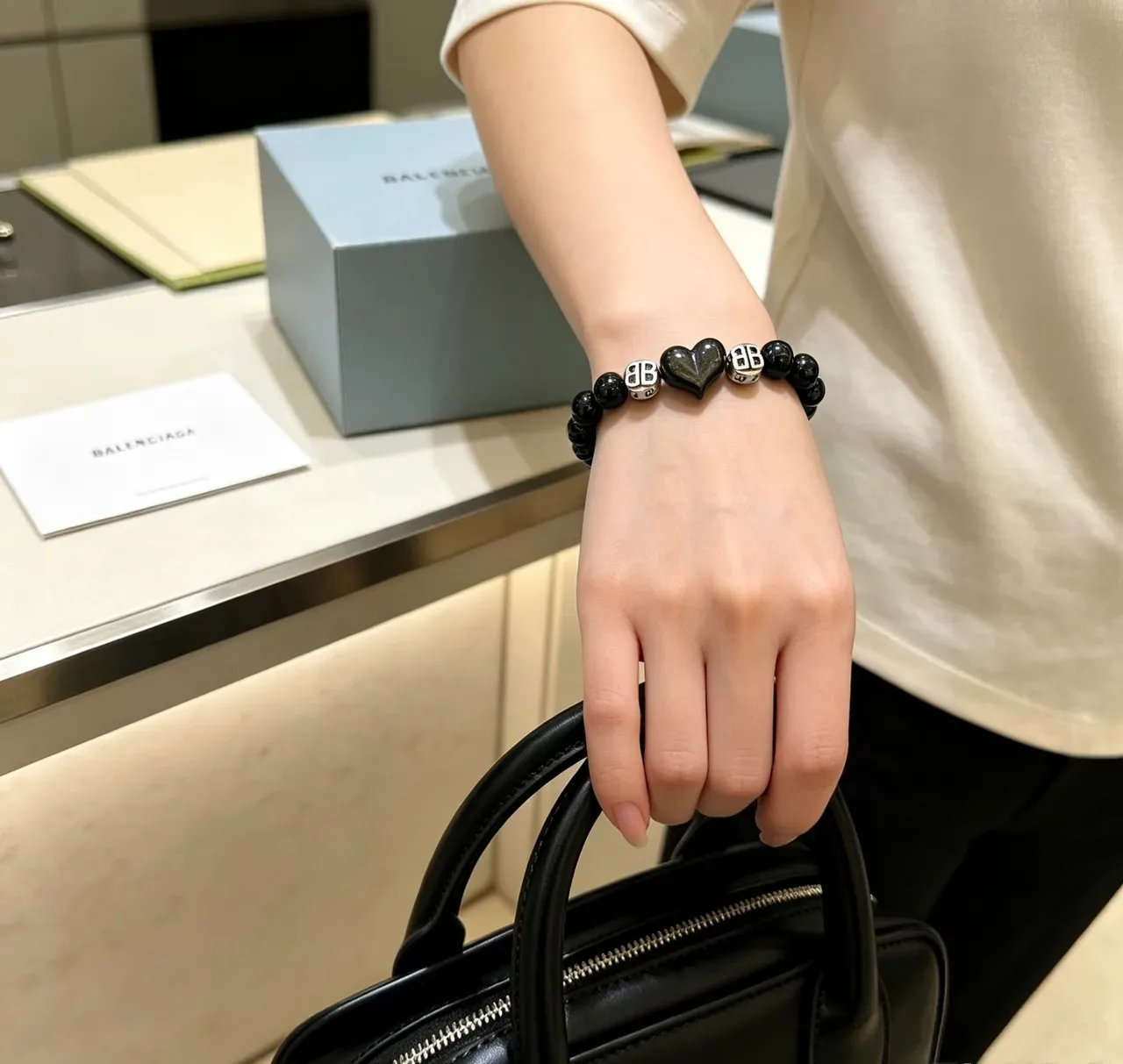 Balenciaga Black Bead and BB Charm Bracelet 8