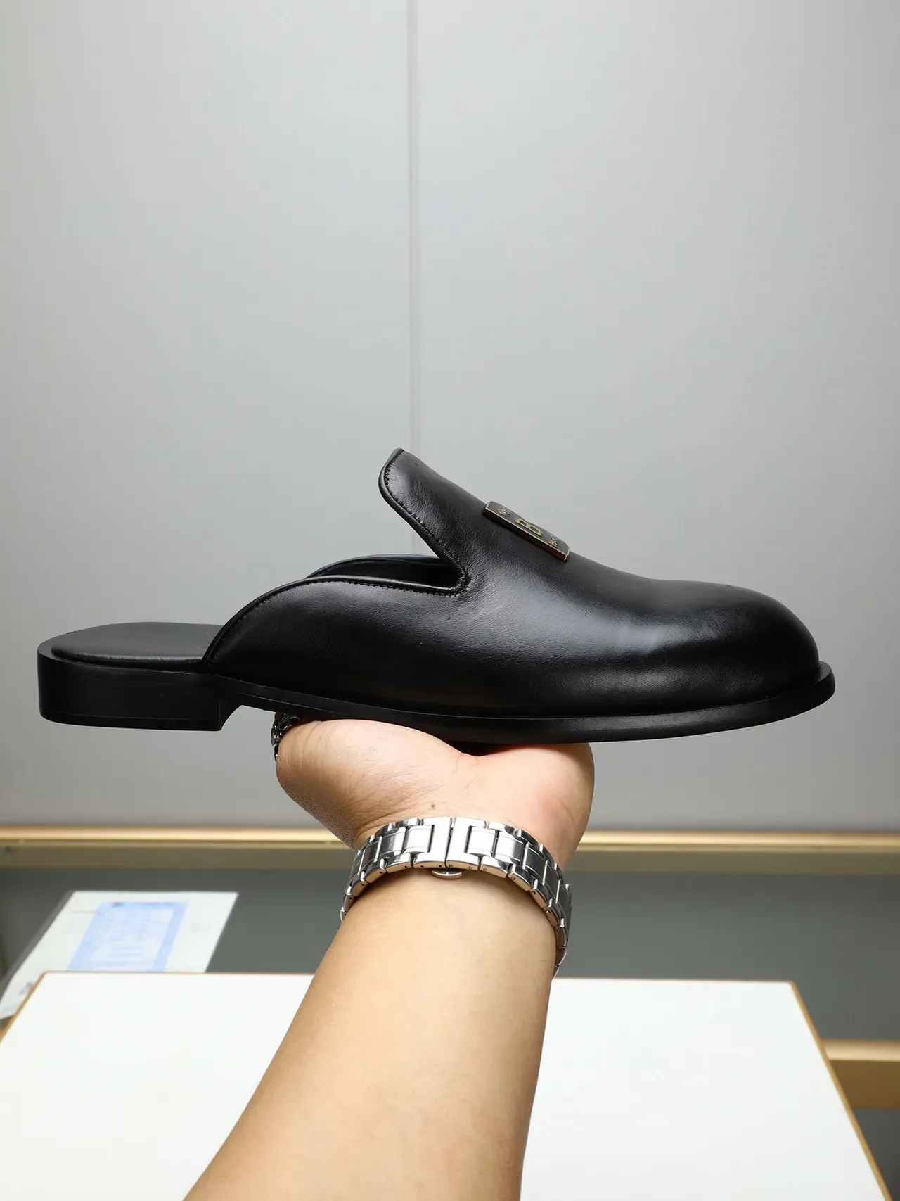 Balenciaga Black Brown Backless Slip-On Polished Leather Loafer 4