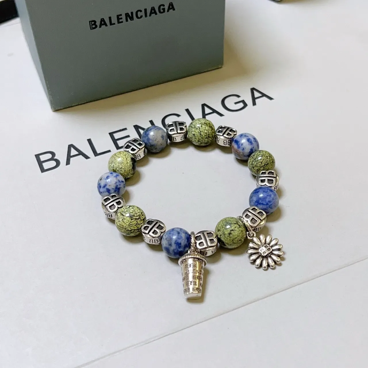 Balenciaga Green Blue Beaded Charm-Adorned Bracelet 3