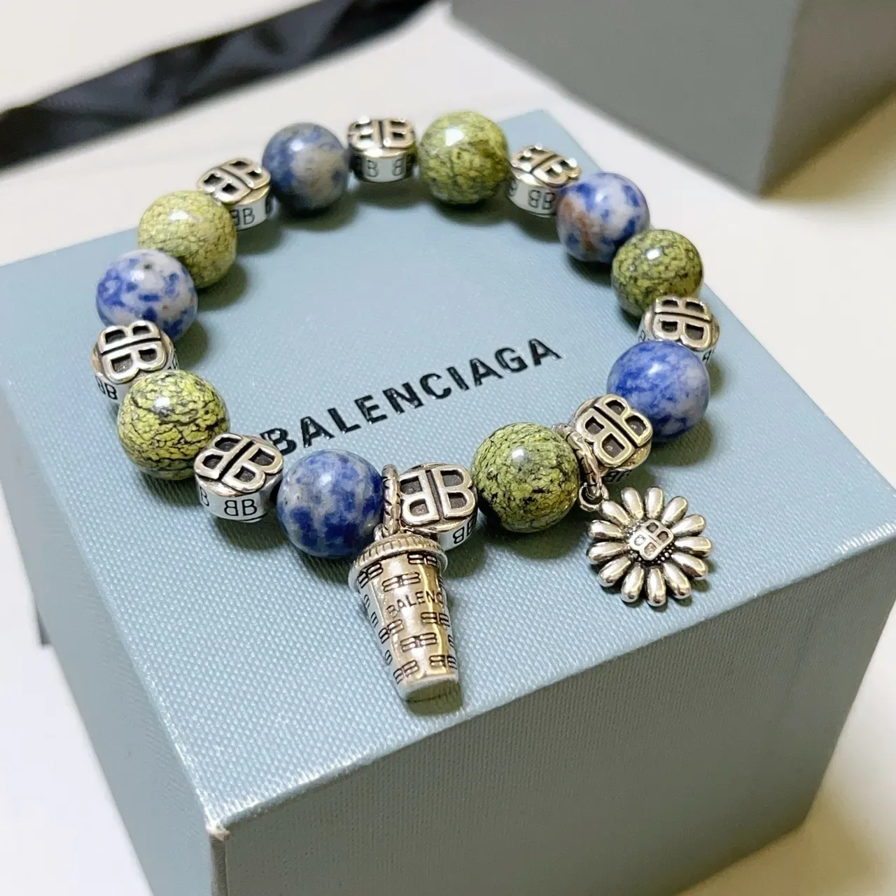 Balenciaga Green Blue Beaded Charm-Adorned Bracelet 4