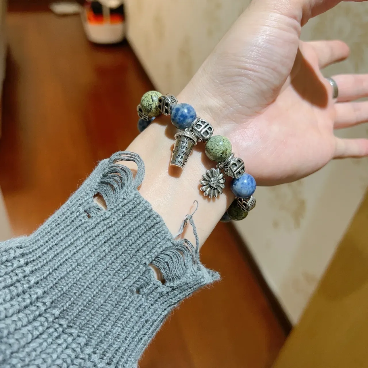 Balenciaga Green Blue Beaded Charm-Adorned Bracelet 5