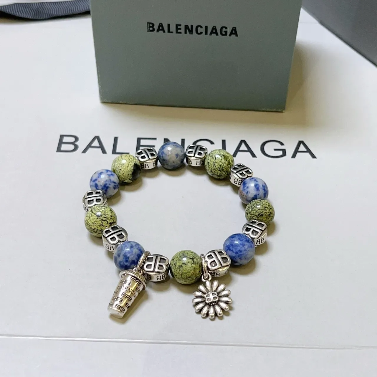 Balenciaga Green Blue Beaded Charm-Adorned Bracelet 7