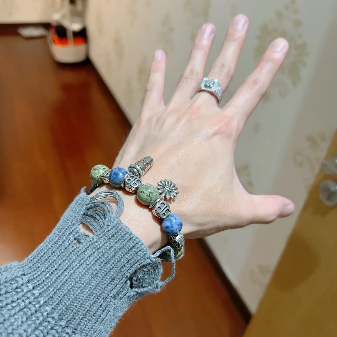 Balenciaga Green Blue Beaded Charm-Adorned Bracelet 8