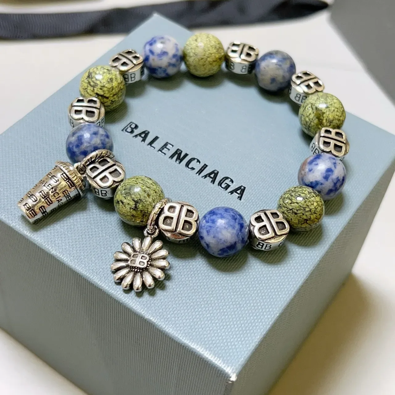 Balenciaga Green Blue Beaded Charm-Adorned Bracelet 9