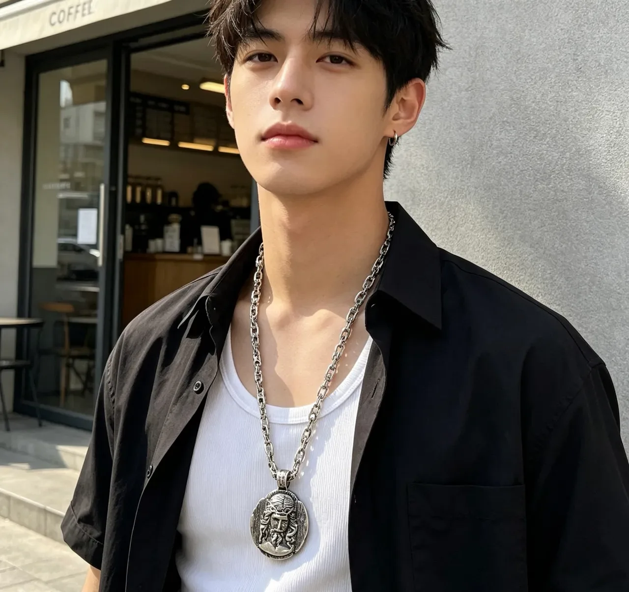Balenciaga Colgante Medallón Plata Negro Cadena de eslabones pesados Collar Esculturado 3