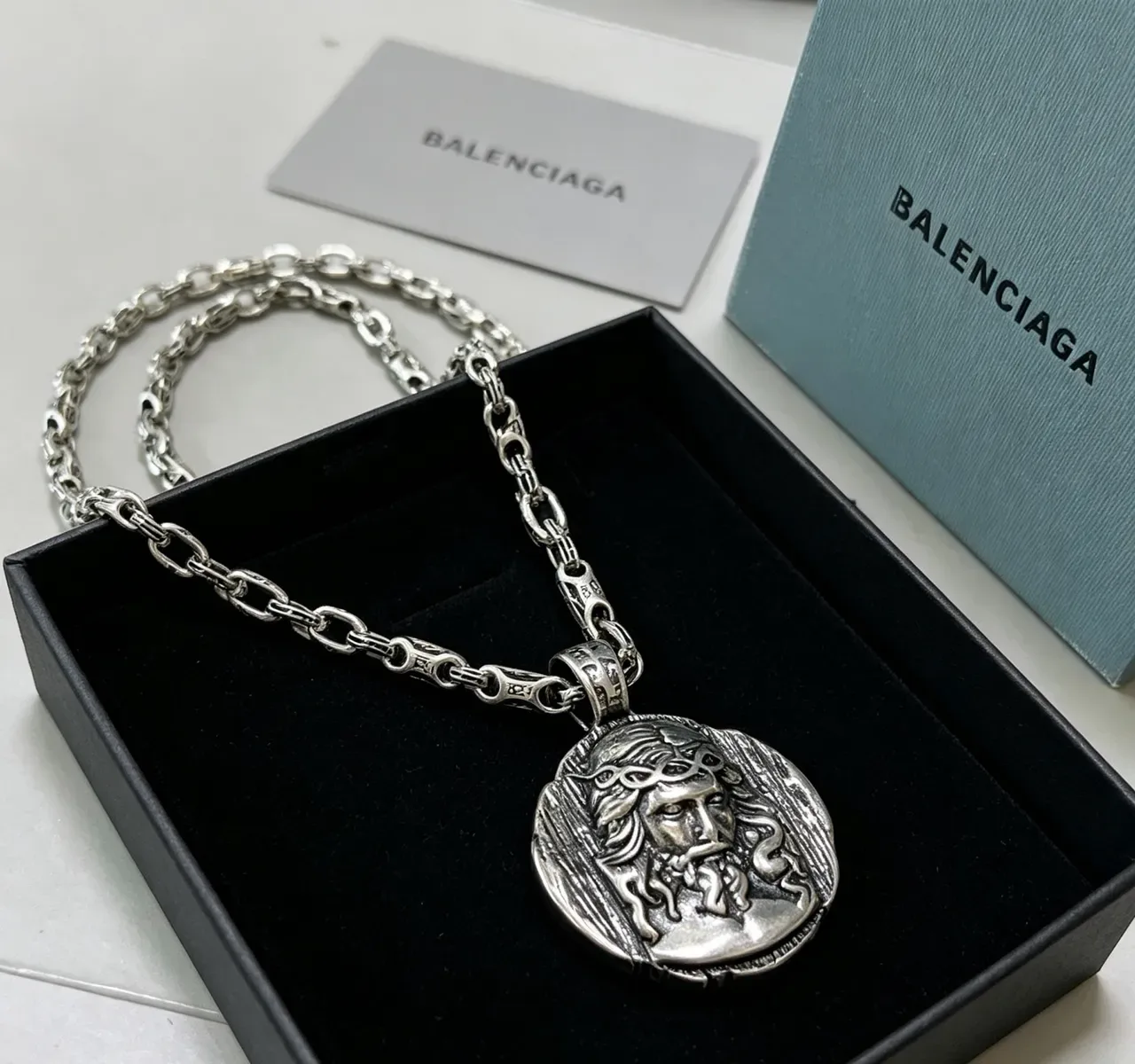 Balenciaga Colgante Medallón Plata Negro Cadena de eslabones pesados Collar Esculturado 4