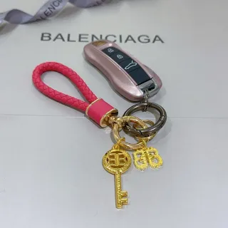 Balenciaga Pink Gold Braided Leather Loop BB Key Charm Jewelry